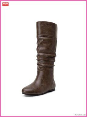 Women's Knee High Slouchy Faux Leather Flat Boots with Side Zip